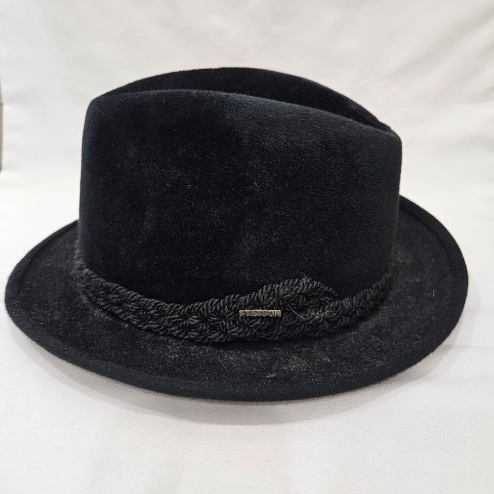 Stetson Sovereign Black Fur Felt Fedora Hat Braided Band Size 7 3/8 59cm